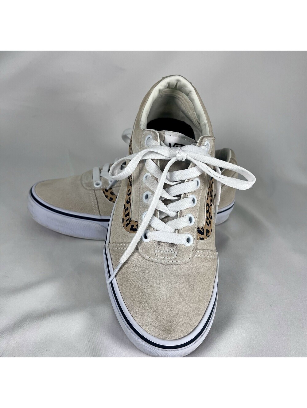 VANS Old Skool Beige Suede Leopard Stripe Shoes, Women Size 7